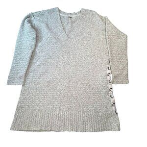 Free People Sweater X Small Heart It Laces Gray Oversized Tunic Chunky Knit V Ne